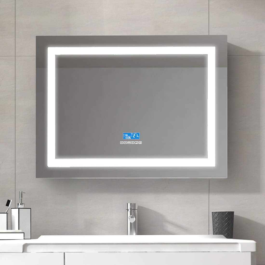 Badspiegel mit LED Beleuchtung 80x60 mit BLUETOOTH UHR TOUCH Badezimmerspiegel