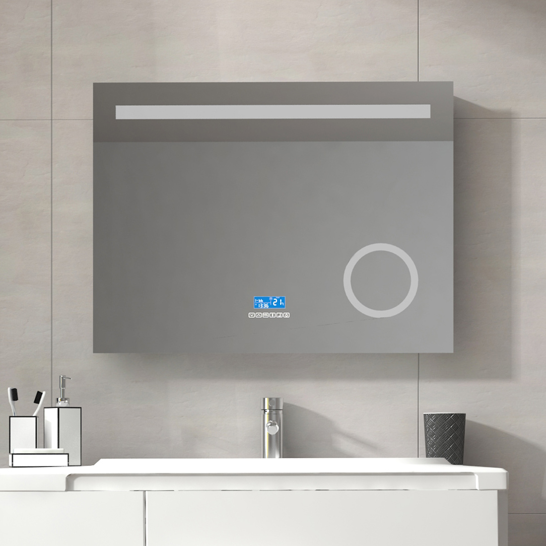 Badspiegel mit Beleuchtung Spiegel 80x60 mit BLUETOOTH LED UHR Touch