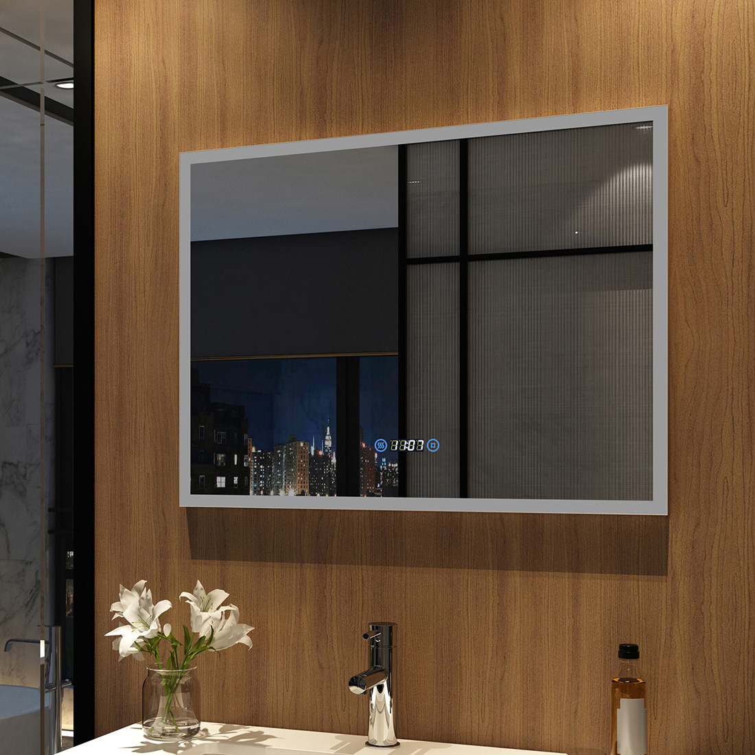 LED Badezimmerspiegel 80x60cm Badspiegel mit Touch Beschlagfrei Uhr