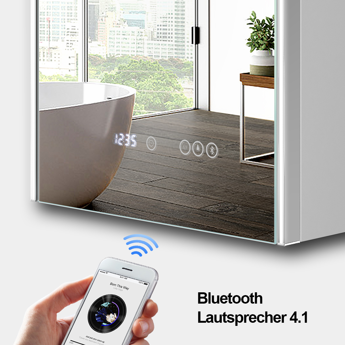 Spiegelschrank LED Badezimmer Spiegelschrank mit Touch Bluetooth Uhr