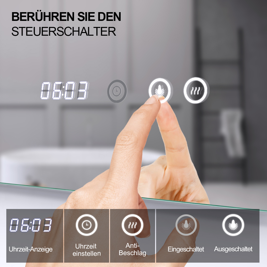BAD SPIEGEL LED Badezimmerspiegel Touchschalter Beschlagfrei mit Uhr