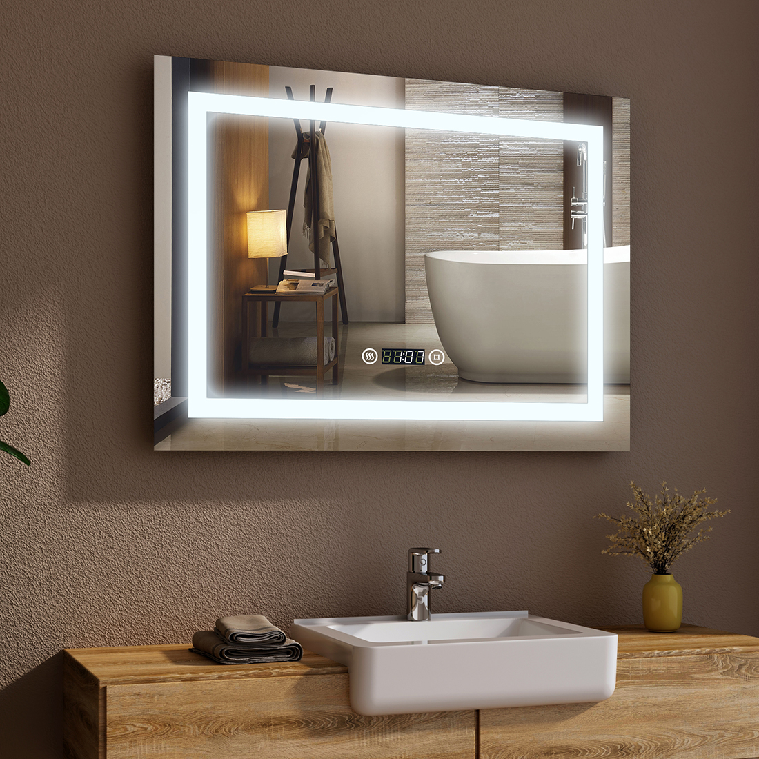 Led Badspiegel Badezimmerspiegel 80x60/100x60 mit Touch Uhr