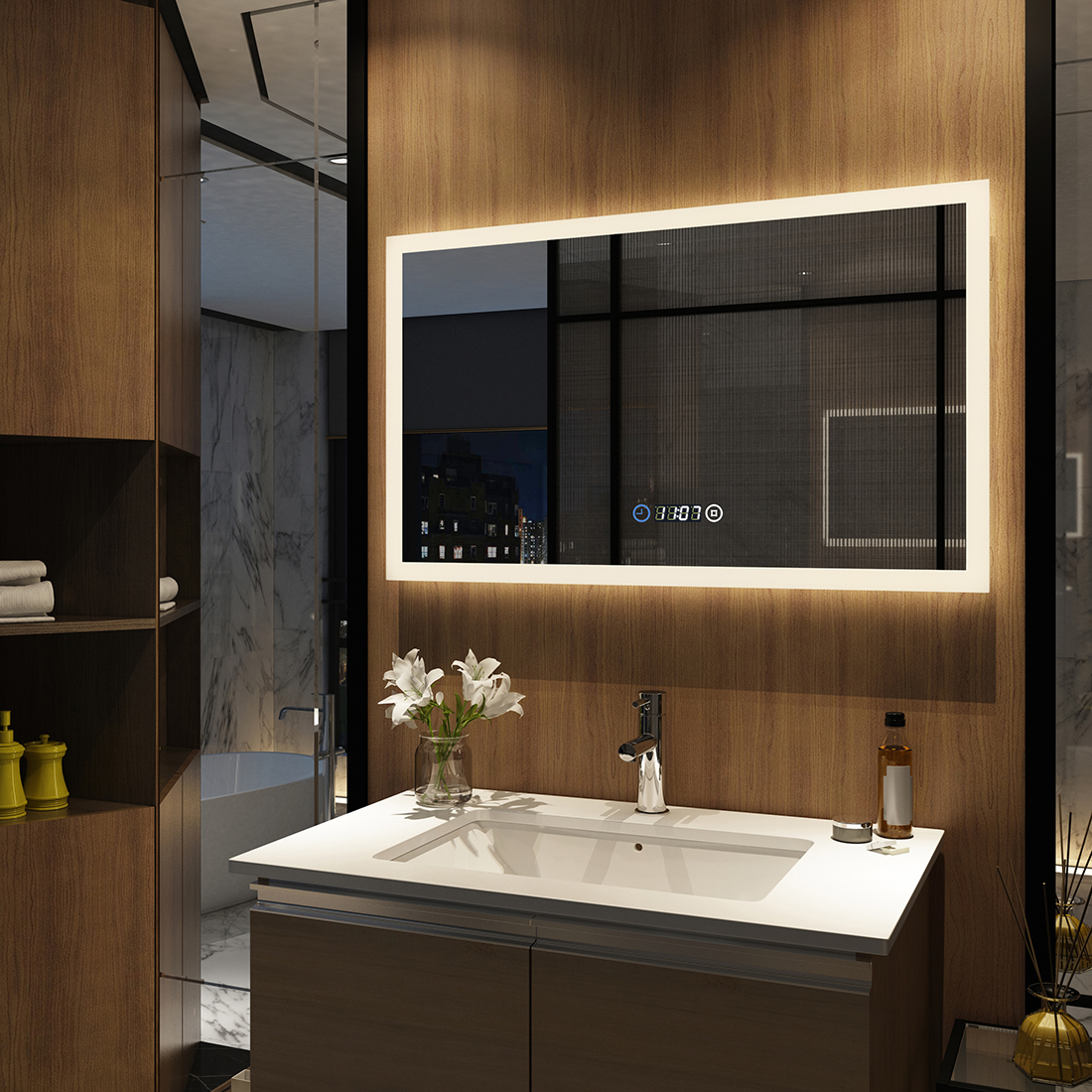 Wandspiegel Badspiegel LED mit Beleuchtung 100x60cm Touch Uhr Dimmbar