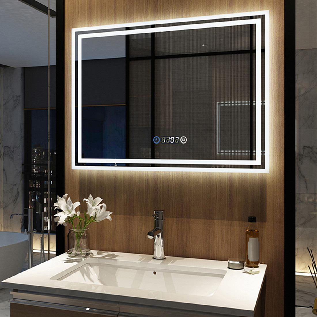 Led Badspiegel mit Beleuchtung Touch Uhr Dimmbar Badezimmerspiegel