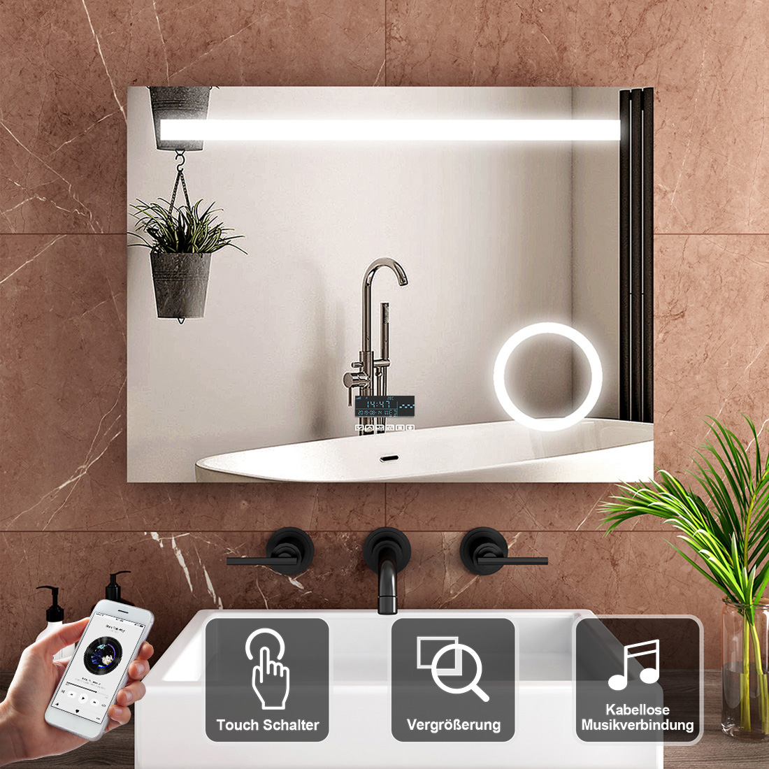 details zu led badspiegel 80x60cm badezimmer spiegel mit touch uhr  bluetooth schminkspiegel