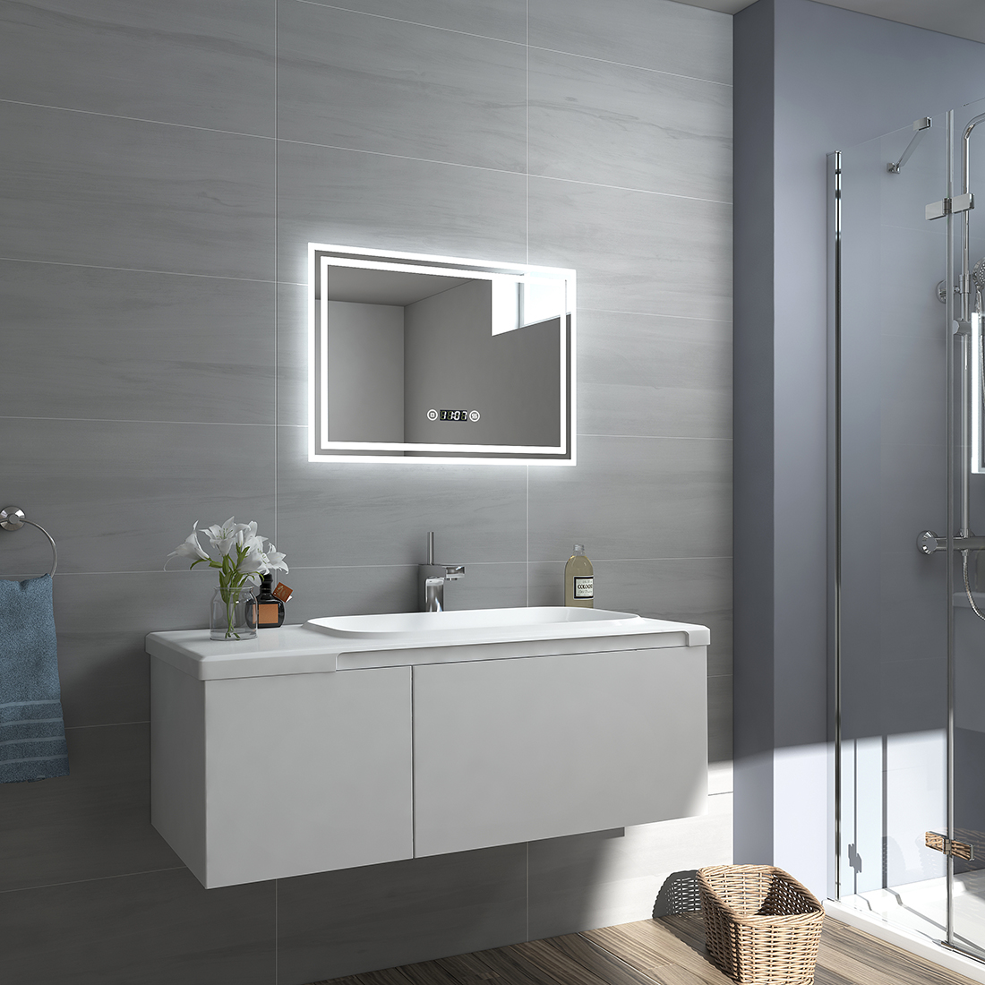 50x70 Badspiegel LED mit Uhr Touch Beschlagfrei Wandspiegel mit