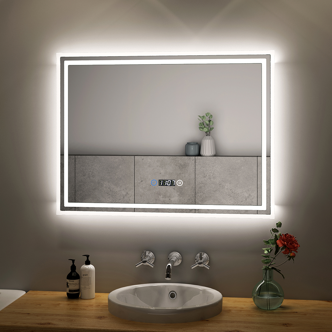 LED Badspiegel mit Beleuchtung Touch Uhr 3 Lichtfarben Dimmbar