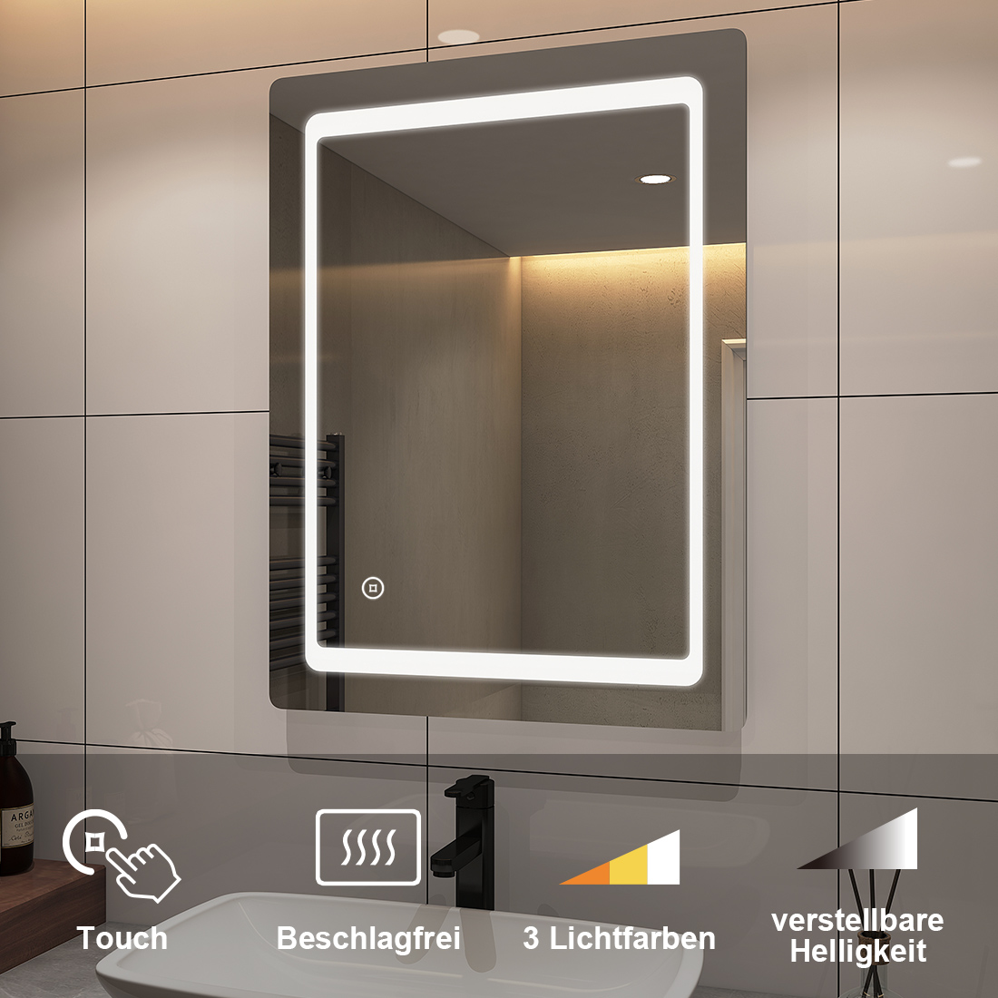 Led Badspiegel 60x80cm Beleuchtung mit Touch Dimmbar 3 Lichtfarben