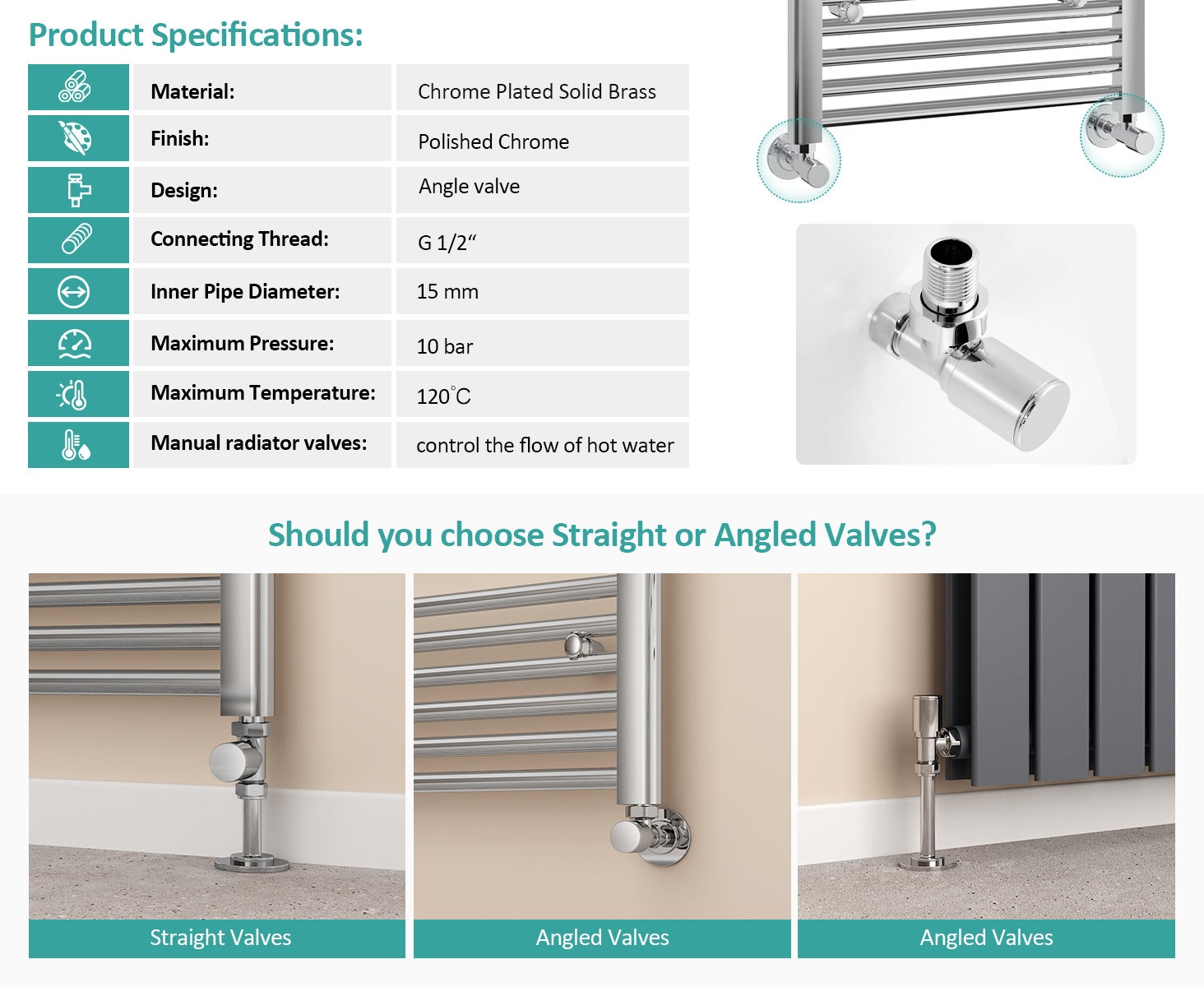 EMKE Chrome Angled Radiator Valve Radiator Pair 15mm Valves for Towel ...