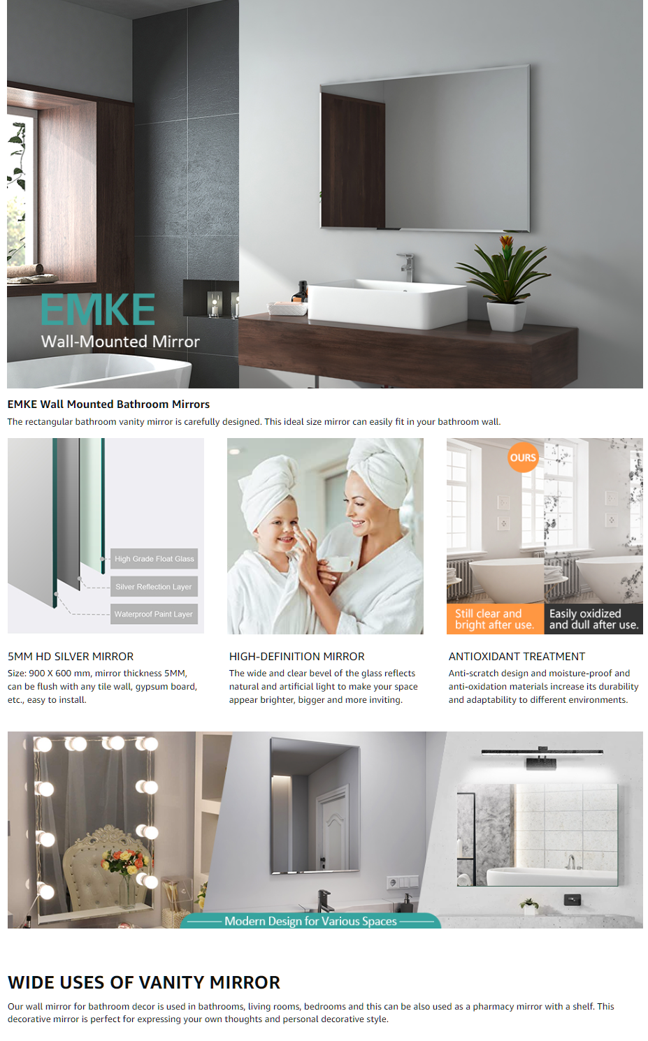 EMKE Wall Mounted Bathroom Mirror, Frameless Bathroom Mirror For Wall, Rectangle Vanity Mirrors 45x30 Cm 12 EMKE Wall Mounted Bathroom Mirror, Frameless Bathroom Mirror For Wall, Rectangle Vanity Mirrors 45x30 Cm -Home Improvement Store