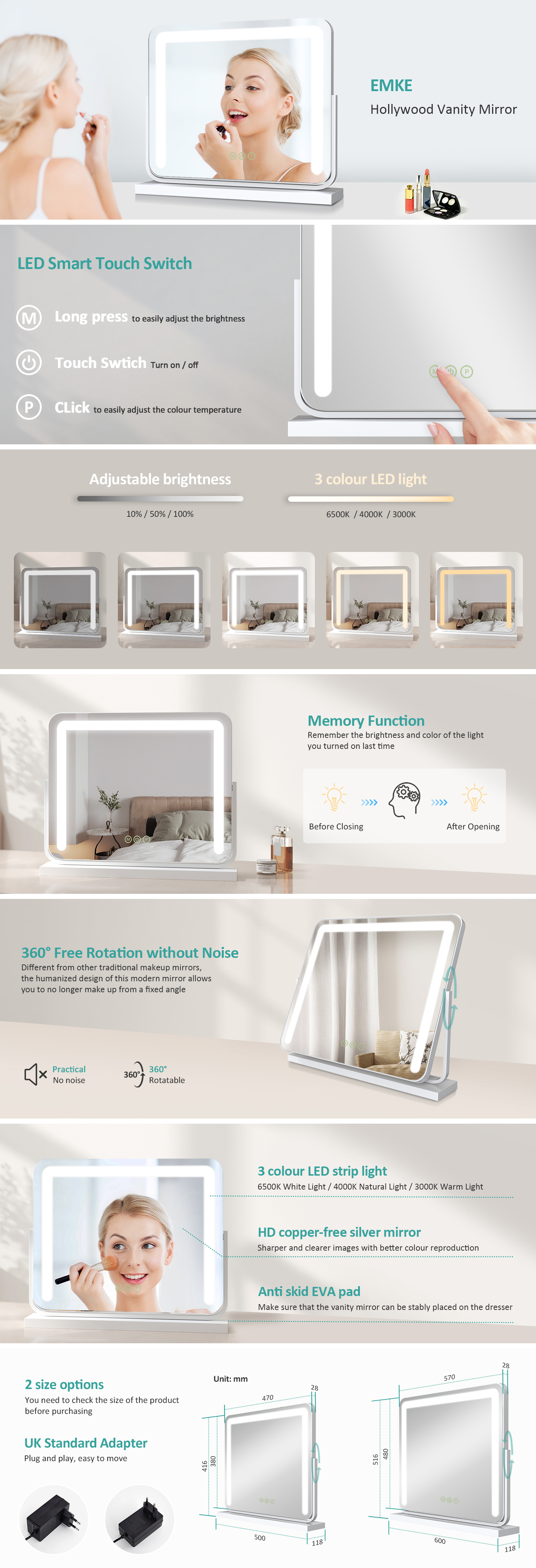 EMKE Hollywood Vanity Mirror With Lights, 360° Rotation Dressing Table Makeup Mirror With Dimmable,3 Color Lighting, 60 X 52cm, White 12 EMKE Hollywood Vanity Mirror With Lights, 360° Rotation Dressing Table Makeup Mirror With Dimmable,3 Color Lighting, 60 X 52cm, White -Home Sale Shop AAHKMJXYDAFdJAOAIMEbOAch w4SKIVBZGirDEcZFmriXMm0 DhPSmxDGEb5B5327Iei195NR65lftiGSoKCA6An73Md 3emHE 3JehhNfT