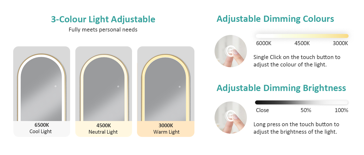 EMKE Freestanding Arched Mirror Full Length With LED Lights Tri-Colour Dimmable Dressing Mirror 160x45cm White Gold 14 EMKE Freestanding Arched Mirror Full Length With LED Lights Tri-Colour Dimmable Dressing Mirror 160x45cm White Gold -Home Sale Shop