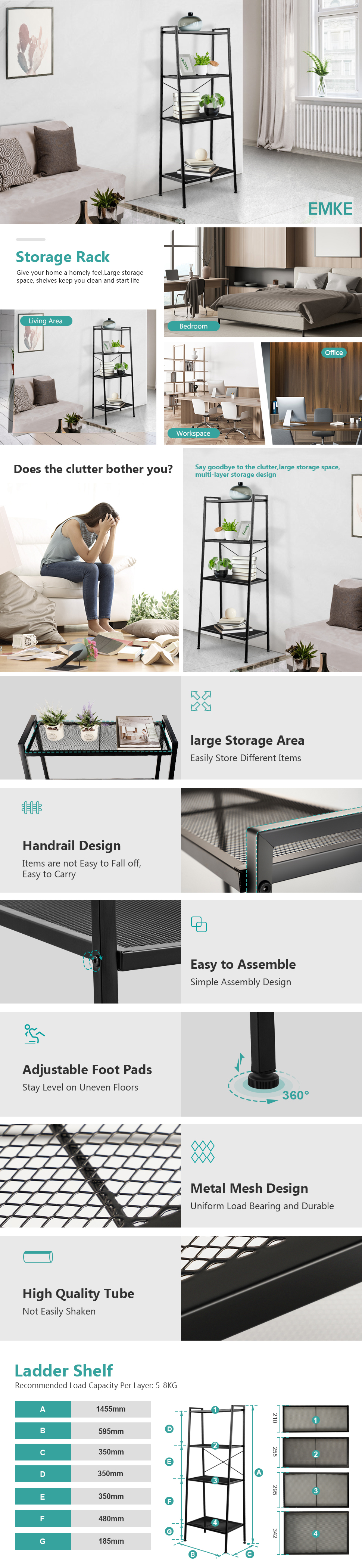 EMKE Freestanding Storage Shelves Black Ladder Shelf Shelves Storage For Living Room Bedroom Kitchen Balcony, Easy To Assemble 12 EMKE Freestanding Storage Shelves Black Ladder Shelf Shelves Storage For Living Room Bedroom Kitchen Balcony, Easy To Assemble -Living Room Furniture Store