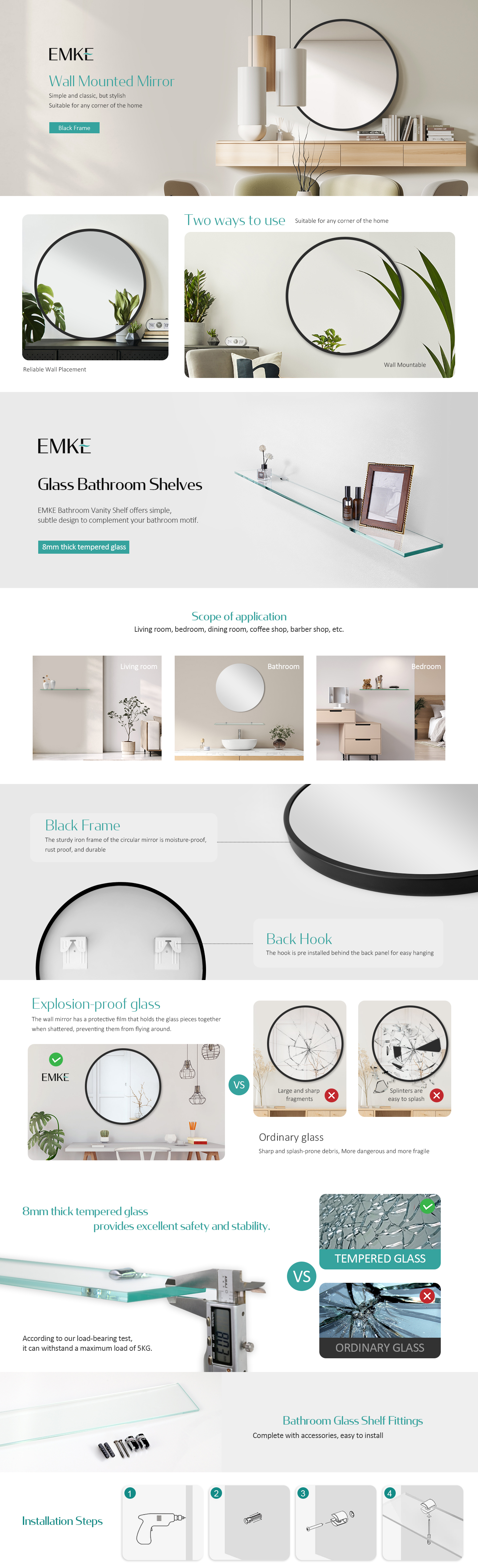 EMKE Round Mirror For Wall Black Metal Frame Circle Mirror, 50cm Bathroom Wall Decorative Mirror With 48cm Shelf 12 EMKE Round Mirror For Wall Black Metal Frame Circle Mirror, 50cm Bathroom Wall Decorative Mirror With 48cm Shelf -Home Improvement Store