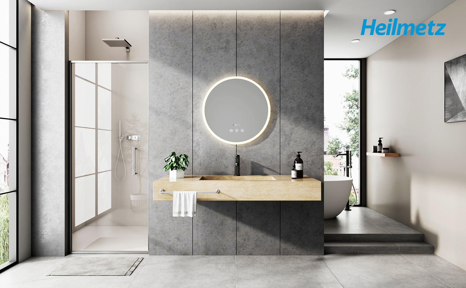 Heilmetz Specchio Bagno con Luce Rotondo 60 cm, Specchio da Bagno Rotondo  con Interruttore Tattile, Specchio Bagno LED Cornice Nera e Tracolla