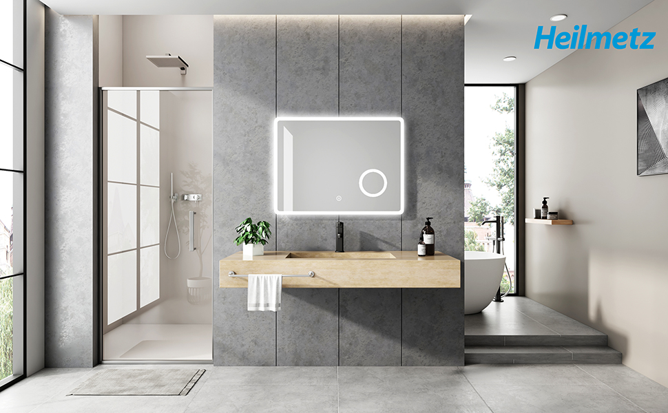 Specchio Da Bagno Rettangolare 80×60cm,Luce Esterna,Antiappannamento,Giallo  Caldo/Bianco Freddo,Touch Bluetooth A Sei Pulsanti,Lente D'ingrandimento