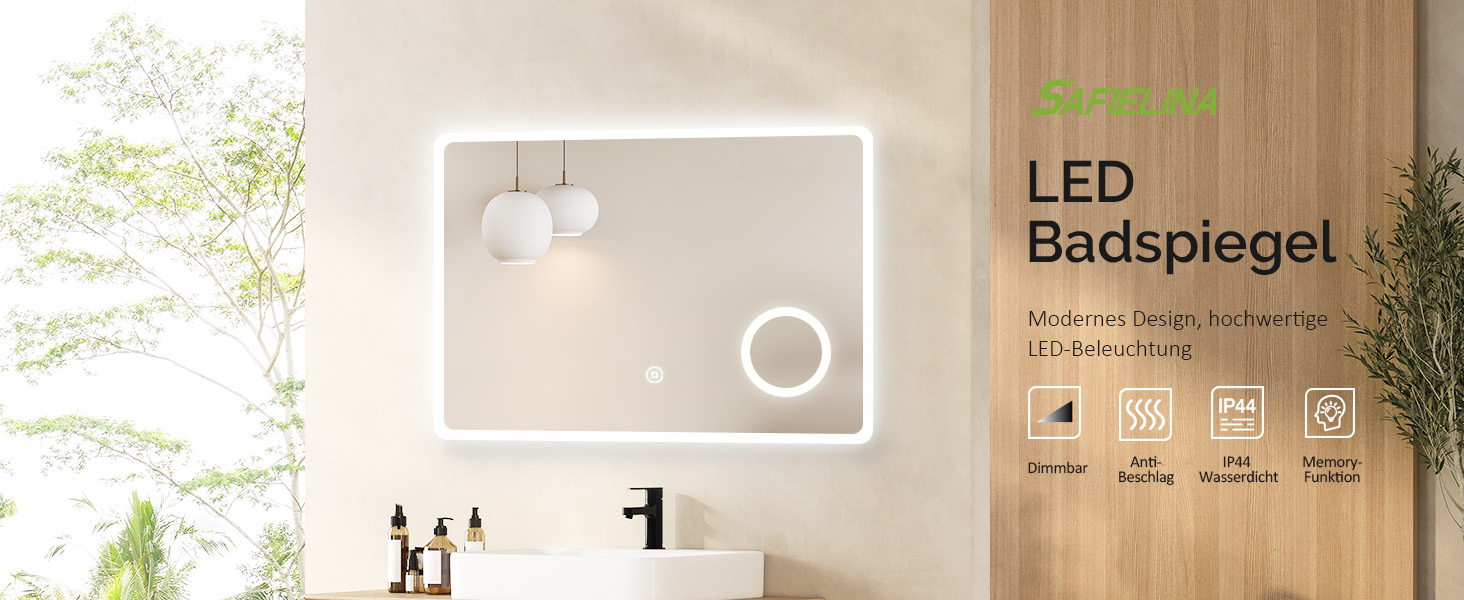 S'AFIELINA Badspiegel Wandspiegel mit Beleuchtung LED Badspiegel mit  Energiesparend, 80×60cm Touchschalter,Beschlagfrei, Dimmbar, 3-fach  Vergrößerung