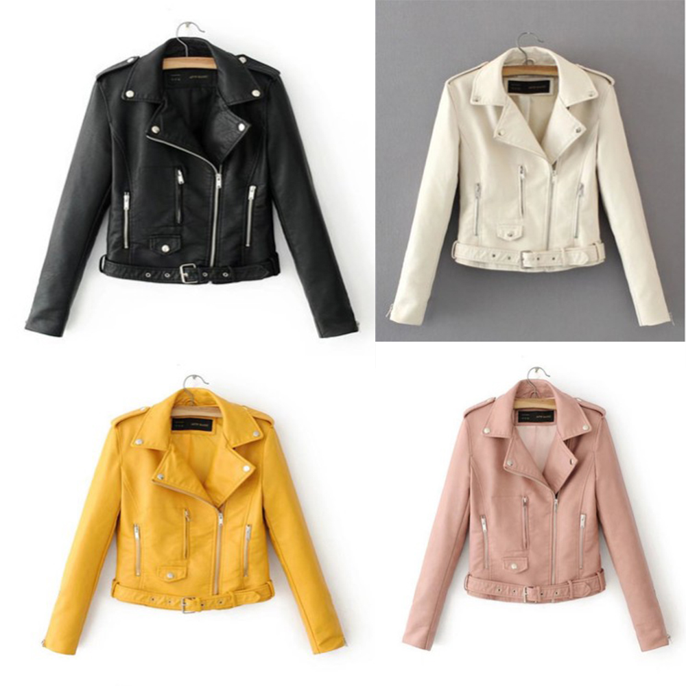Details About Women Faux Leather Jackets Zipper Coat Turn Down Collar Biker Jacket With Blet