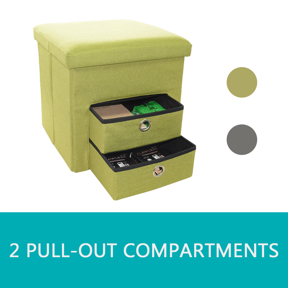 Folding Storage Ottoman With 2 Pull Out Compartments Drawers
