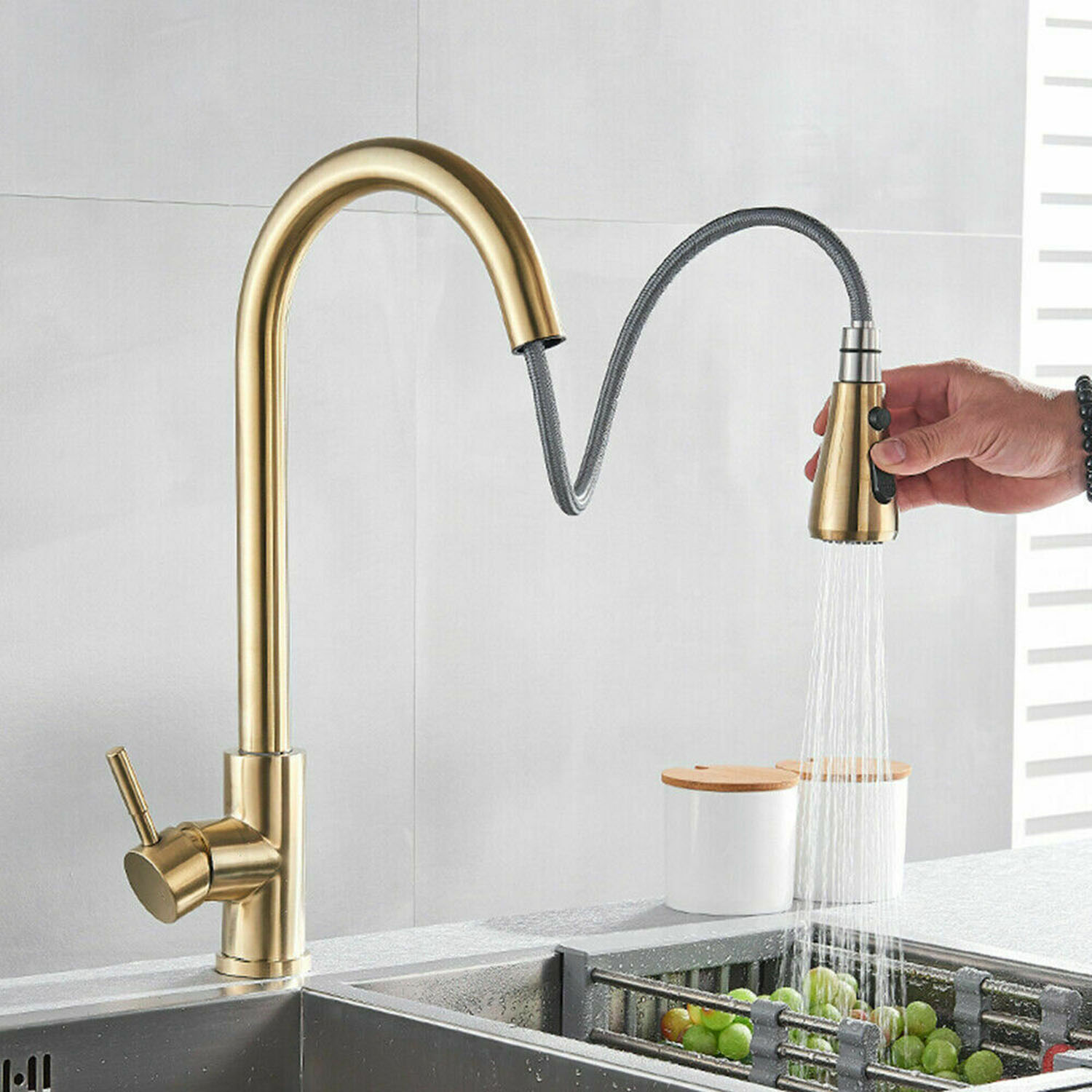 Chrom Mixer Wasserhahn Küchenarmatur 360 ° drehbarer Auszug mit reinem