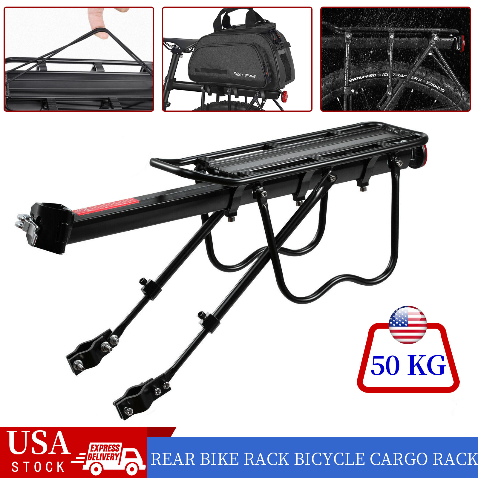 220lb Capacity Aluminum Bike Cargo Rack - Adjustable Rear Carrier For 24-28" Mountain Bikes