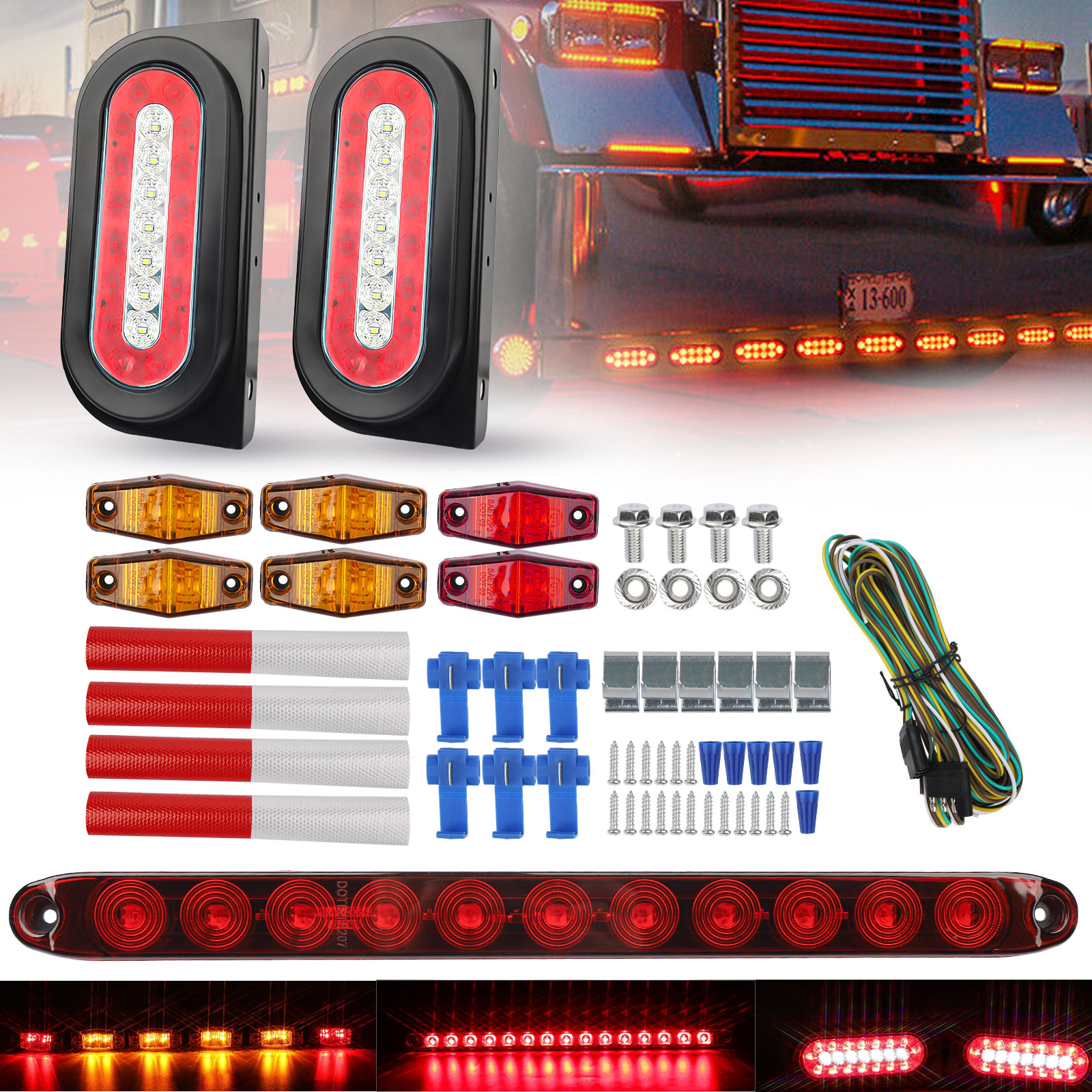 Complete 12V LED Trailer Lights Kit - Submersible Brake/Turn Lights With Side Markers & 15" LED Bar For Utility & Boat Trailers