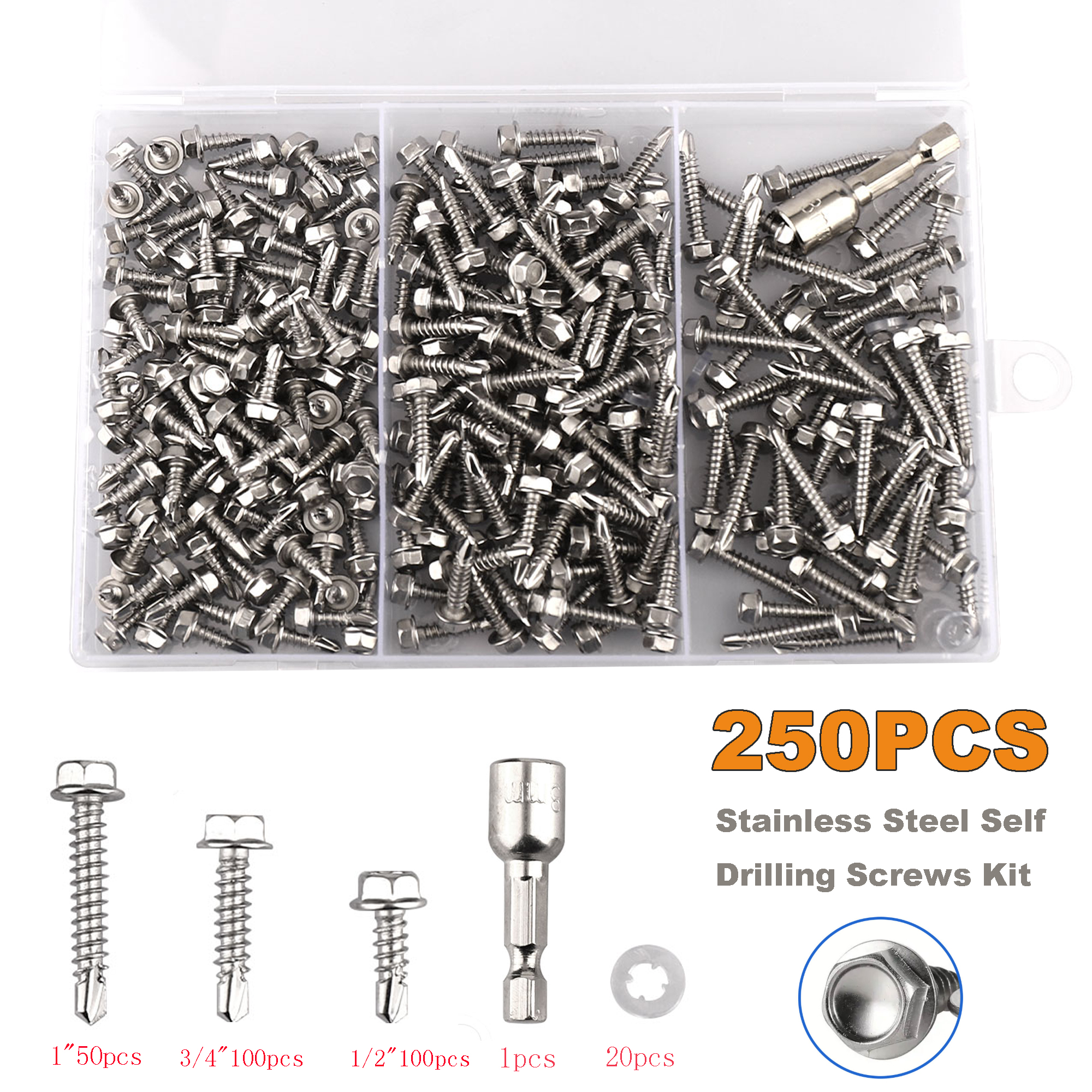 250Pcs Steel Self Drilling Tapping Screws-Hex-Washer Head Sheet Metal Assortment