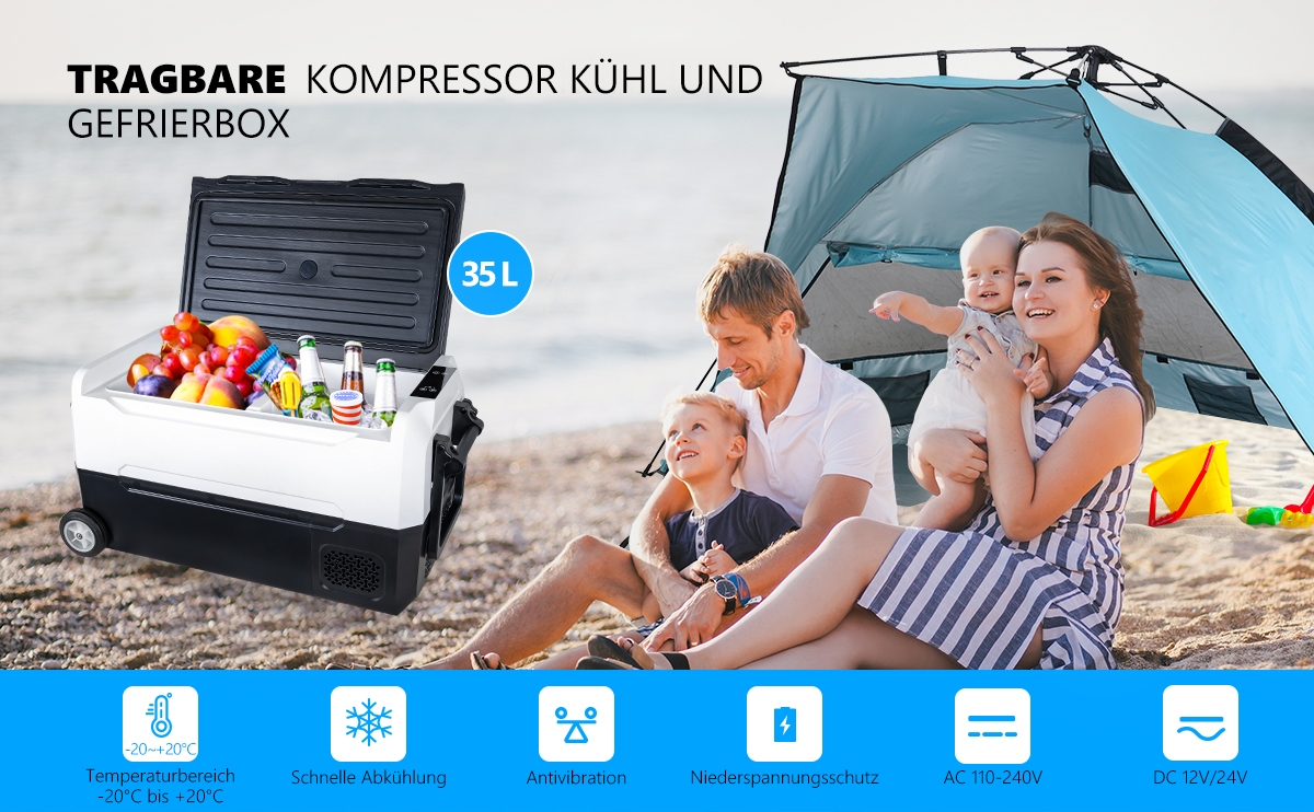 Kompressor Kühlbox 35 L,12/24V, 230V Anschluss Camping Kühl- und