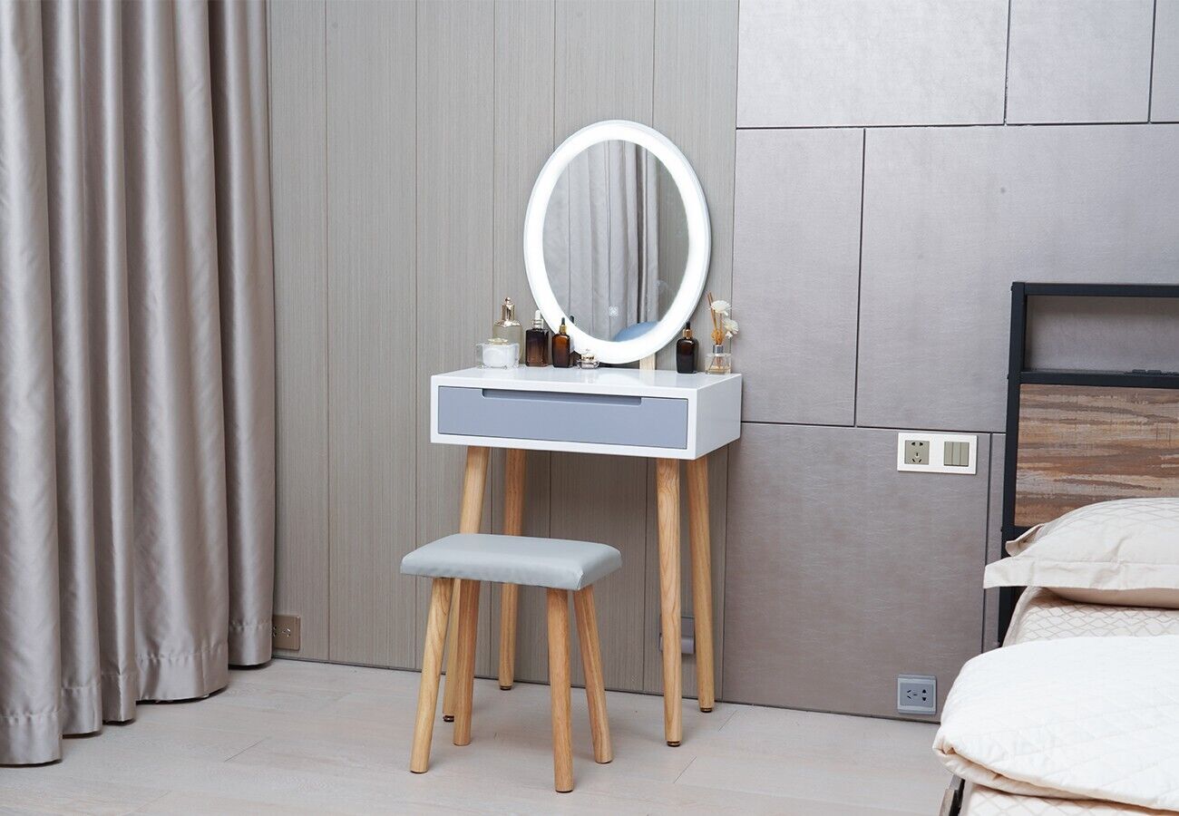 Dressing Table Vanity Set with LED Light Mirror Stool Drawer Make up Grey |  eBay UK