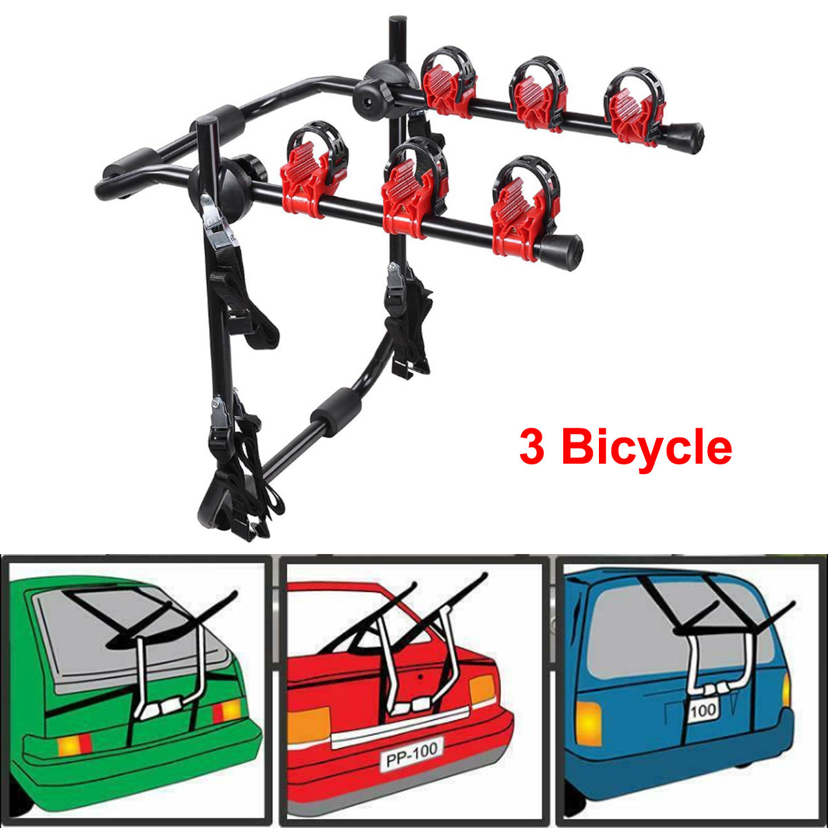Universal 3 Bike Bicycle Carrier Car Rack Holder Fits Saloon Hatchback Estate