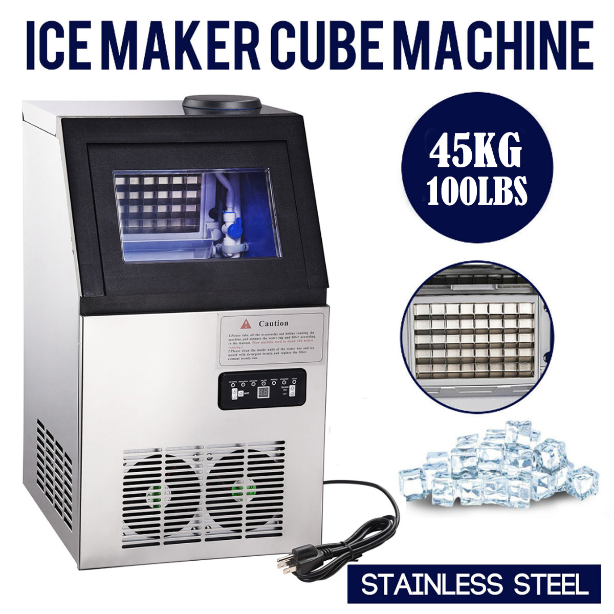 100 lbs Commercial Ice Cube Maker Machine Auto Counter Bar Stainless