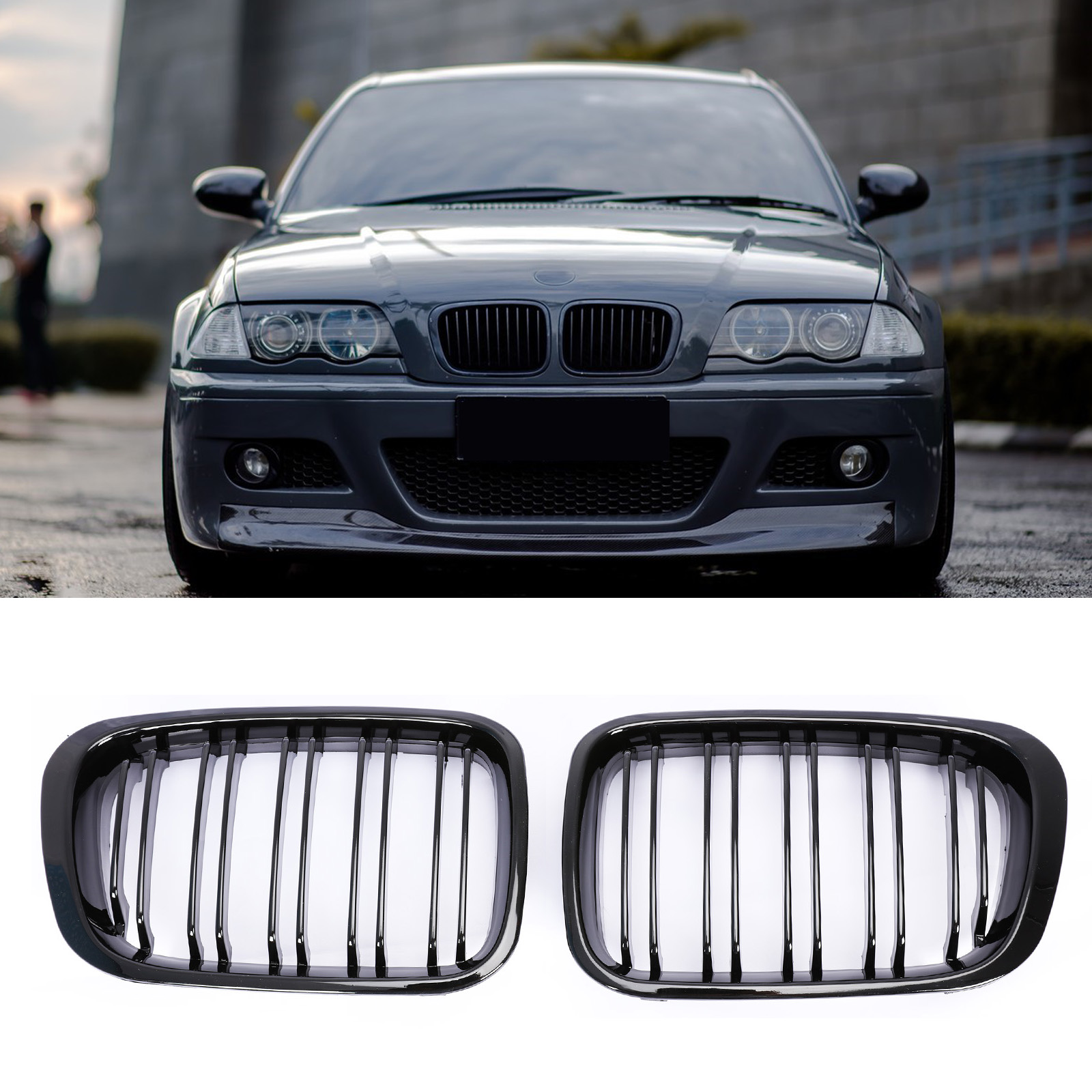 GLOSS BLACK DOUBLE RIMS KIDNEY GRILLE Grill For BMW E46 4D 3 SERIES ...