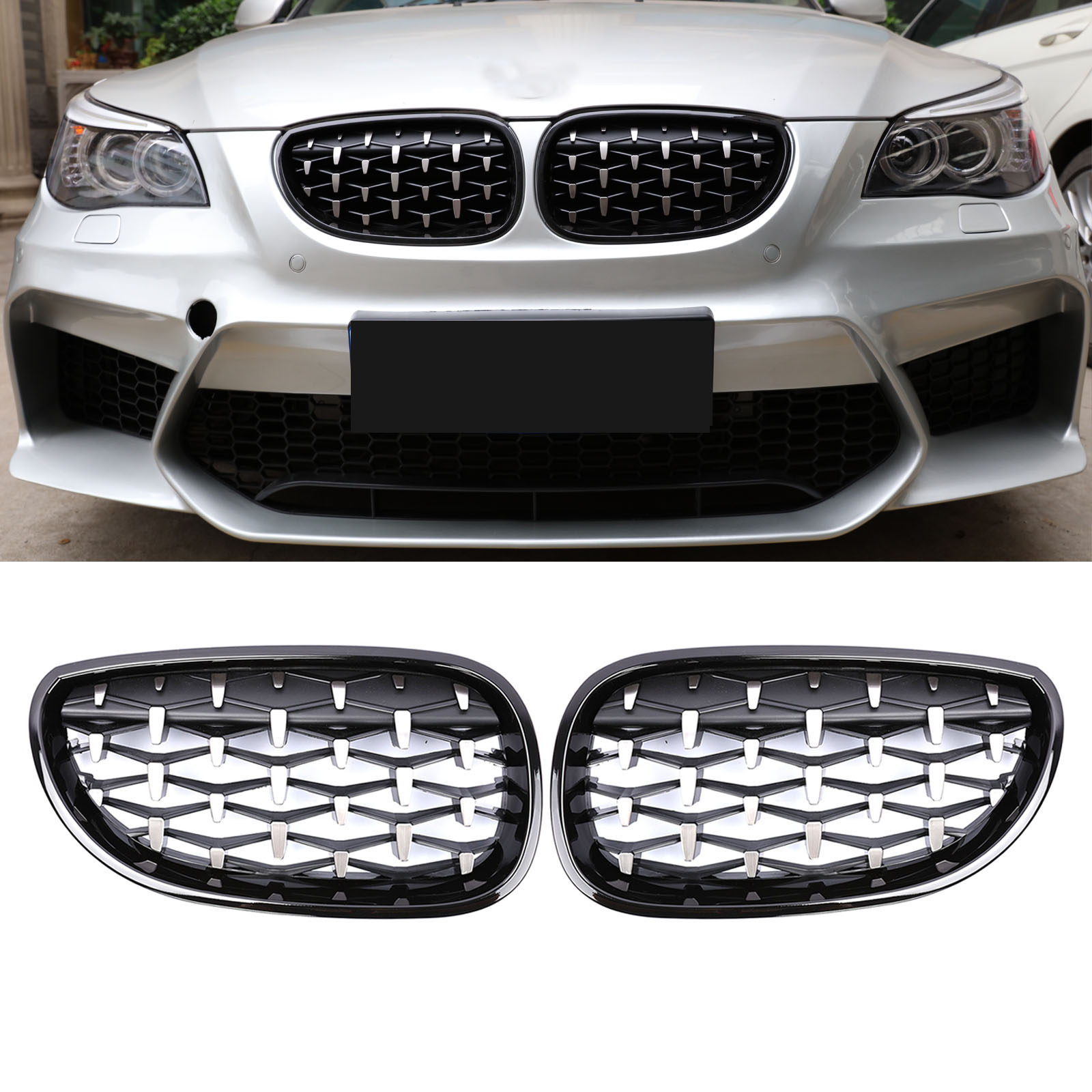For 03-10 BMW E60 525i 530i Gloss Black Dual Slats Front Kidney