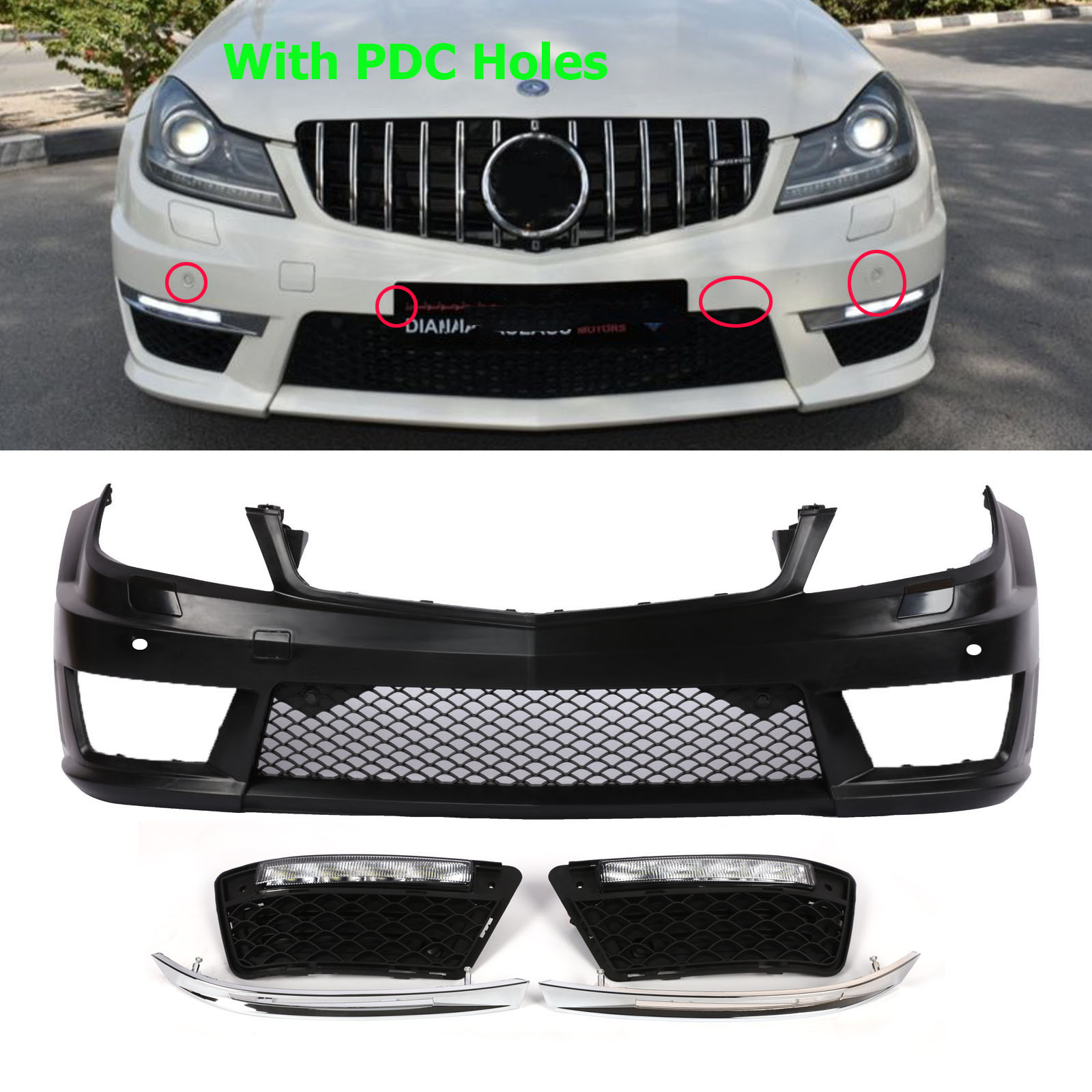 C63 Amg Style Front Bumper W Drl W Pdc For Mercedes Benz 12 15 C Class W4 Ebay