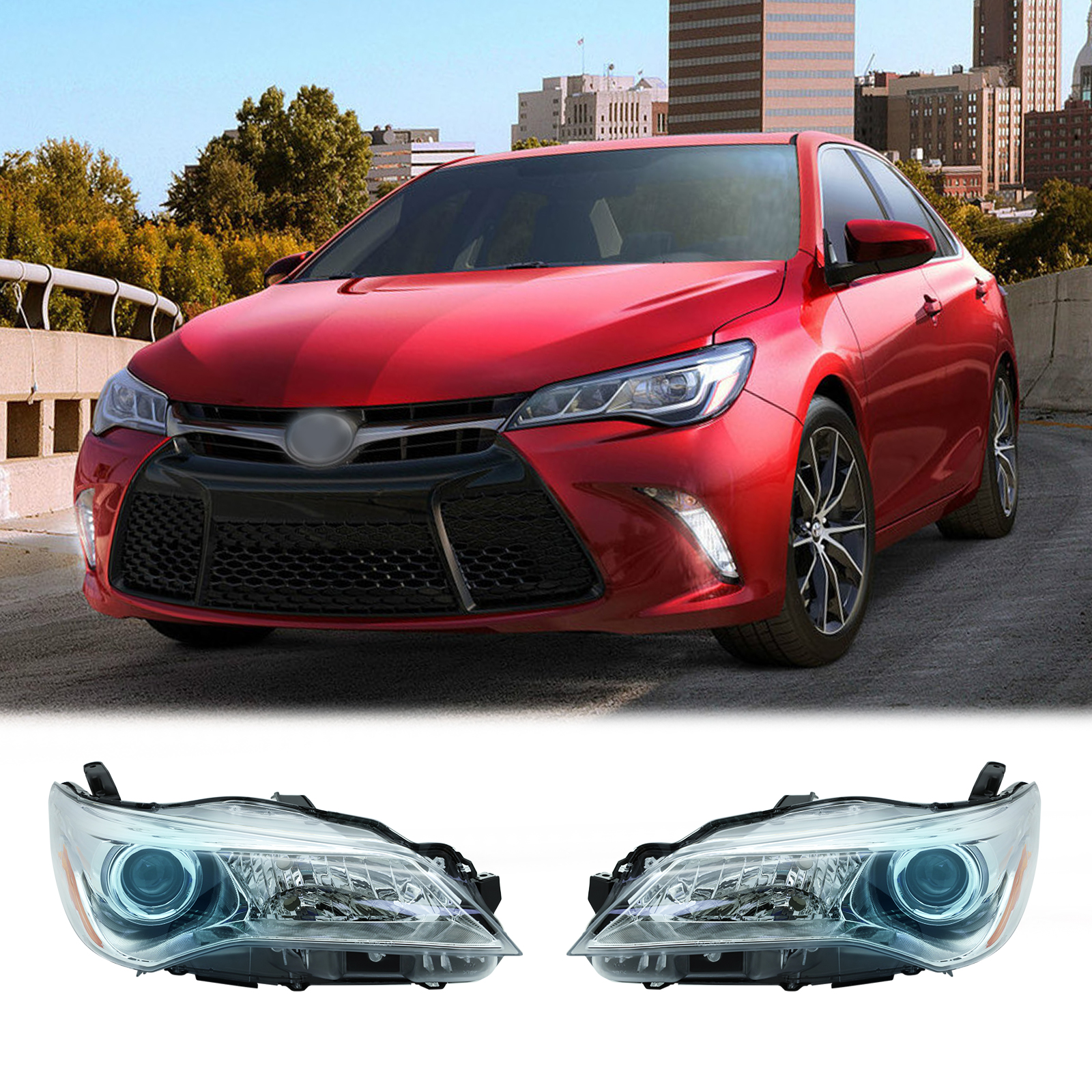 Pair Headlights For Toyota Camry LE SE 2015-2017 – Left & Right Front Headlamps Chrome Housing Clear Lens
