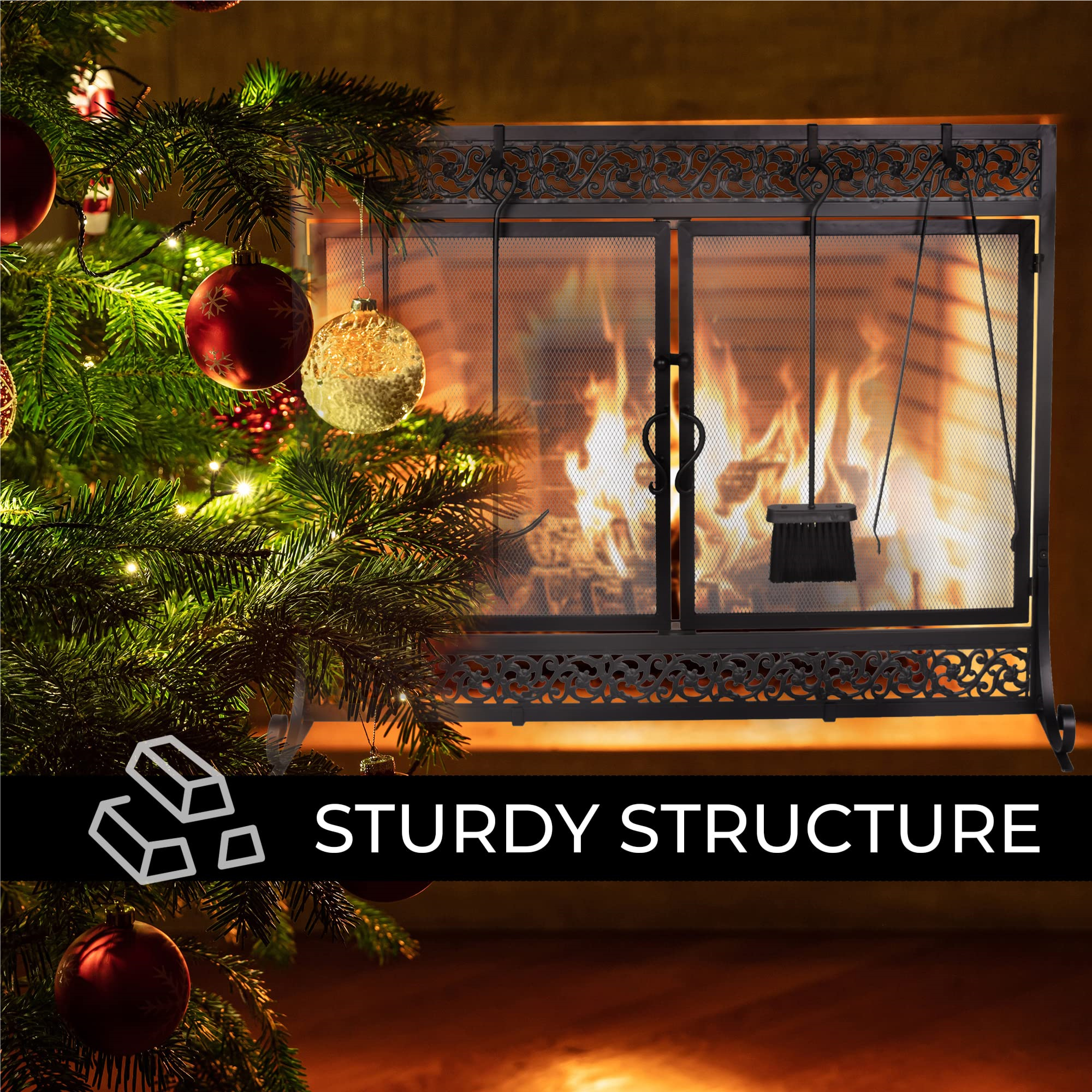 Plow & Hearth Metal Fireplace Screen Scrollwork Black Double Door