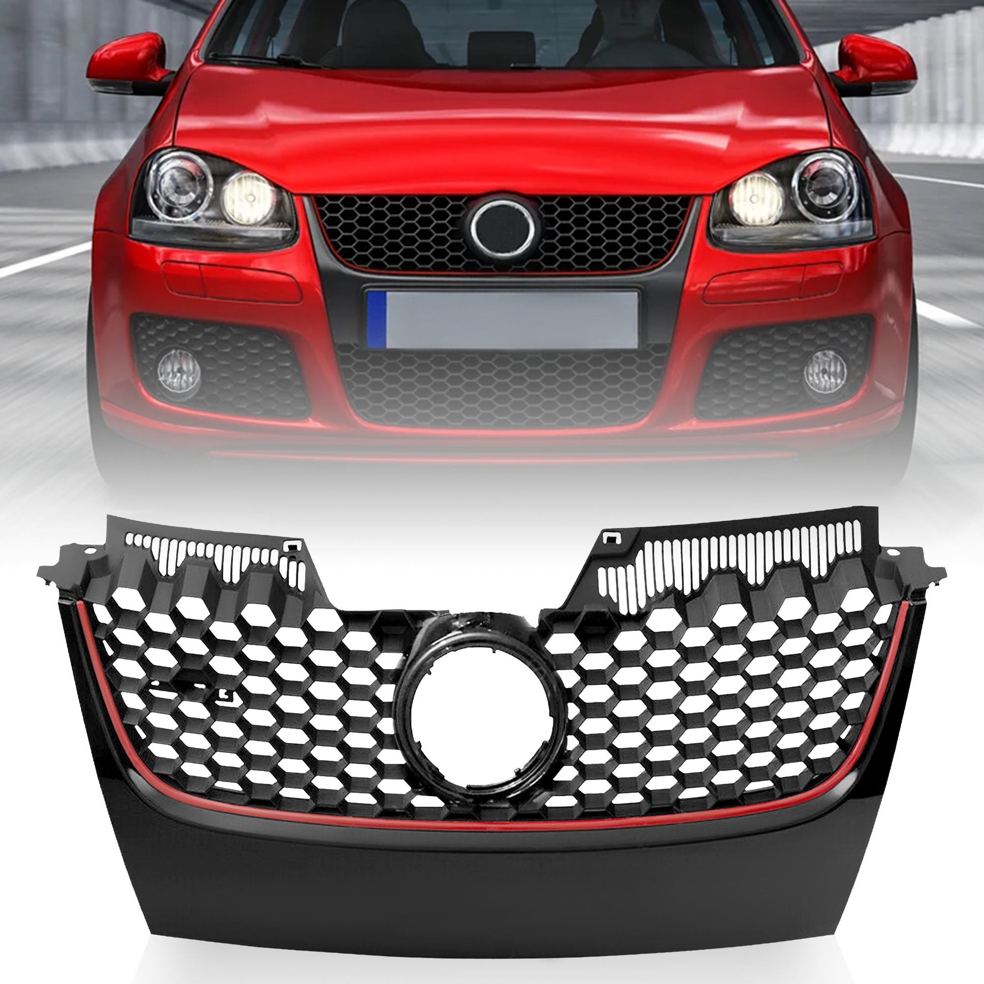 Main Upper Honeycomb Mesh Grille For 2006-2009 VW MK5 Jetta / GLI / GTI - Black With Red Trim
