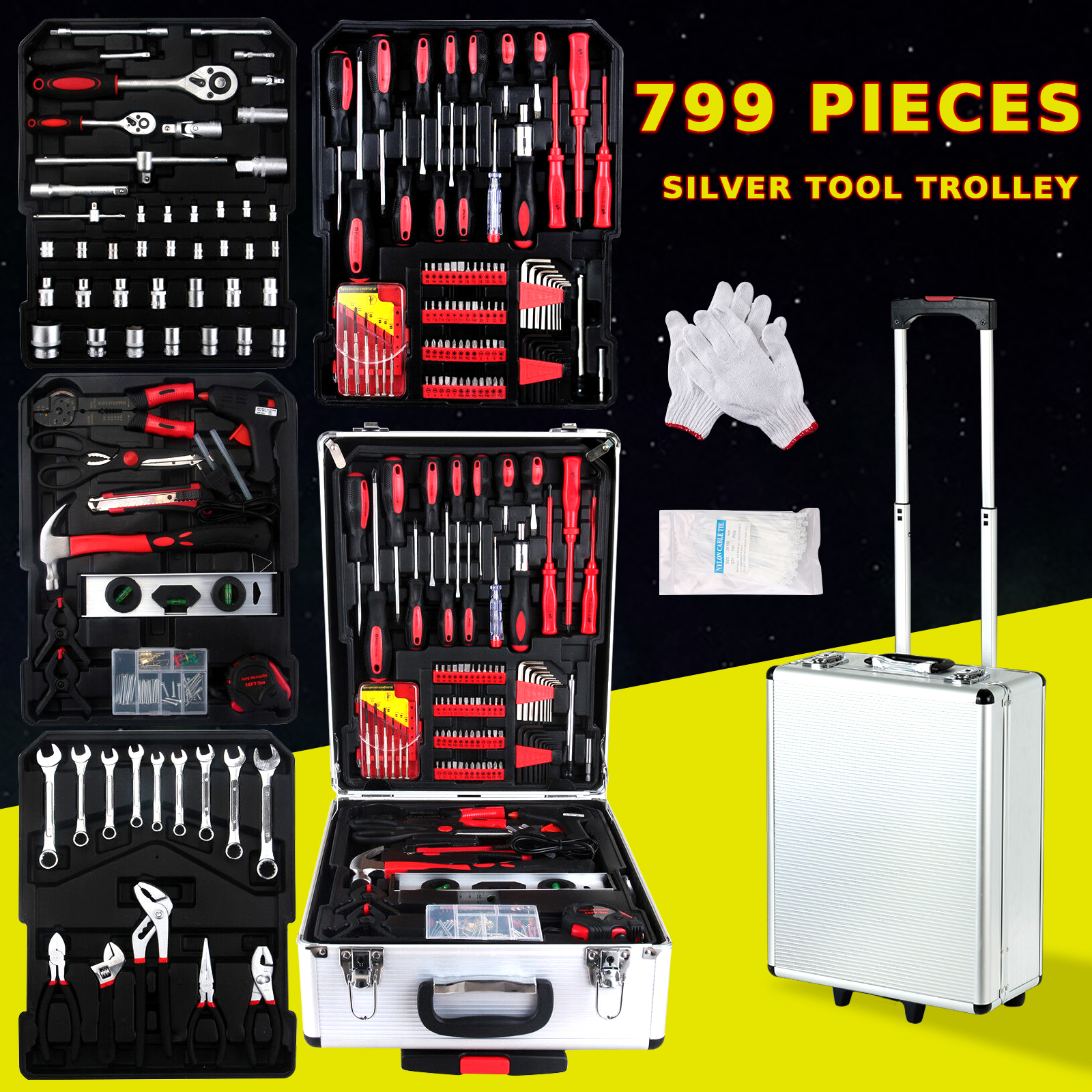 Portable 799 PCS Tool Kit DIY Hand Tools Mechanic Box Toolbox Trolley