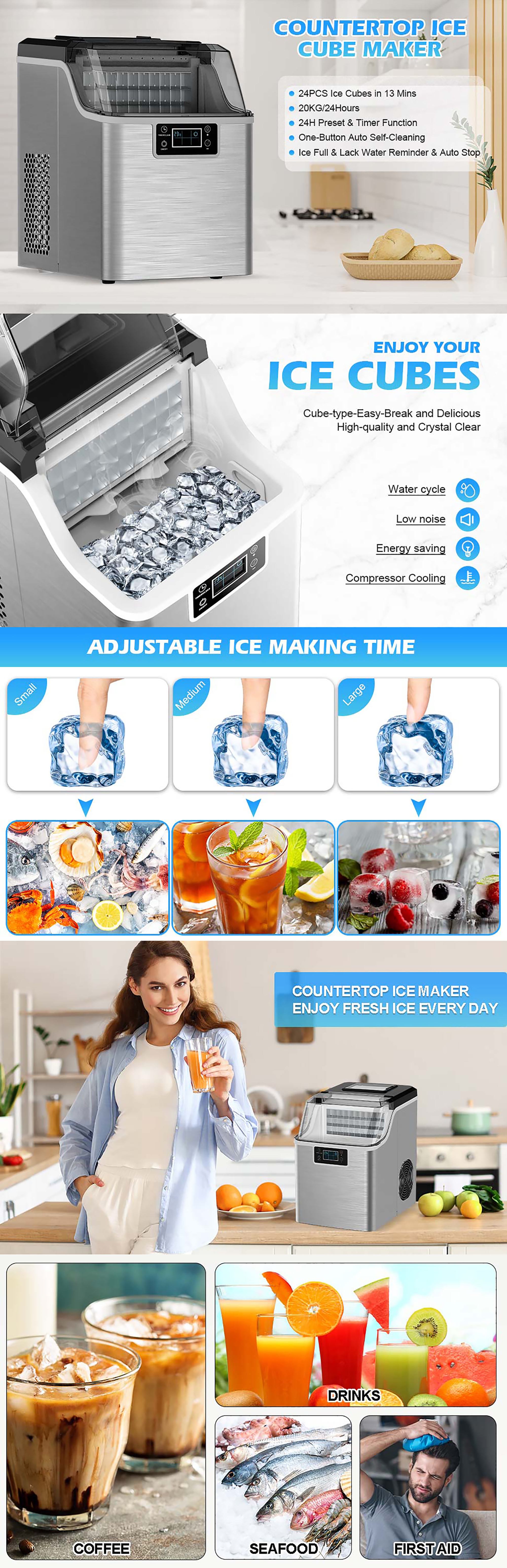 Crushed Ice and Ice Cube Maker with Ice Water Function, Countertop Stainless Steel Ice Cube Machine, Adjustable Ice size, Including Scoop and Water