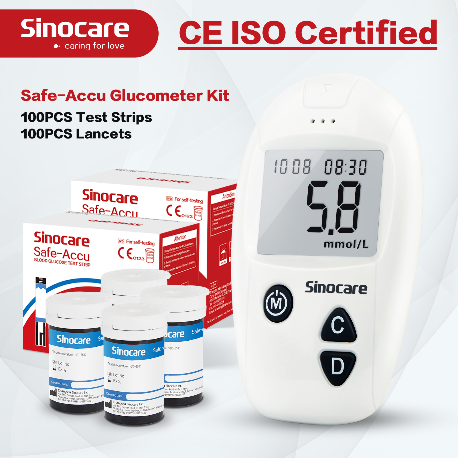 Sinocare Safe Accu2 Blood Glucose Monitor Sugar diabetes test kit ...