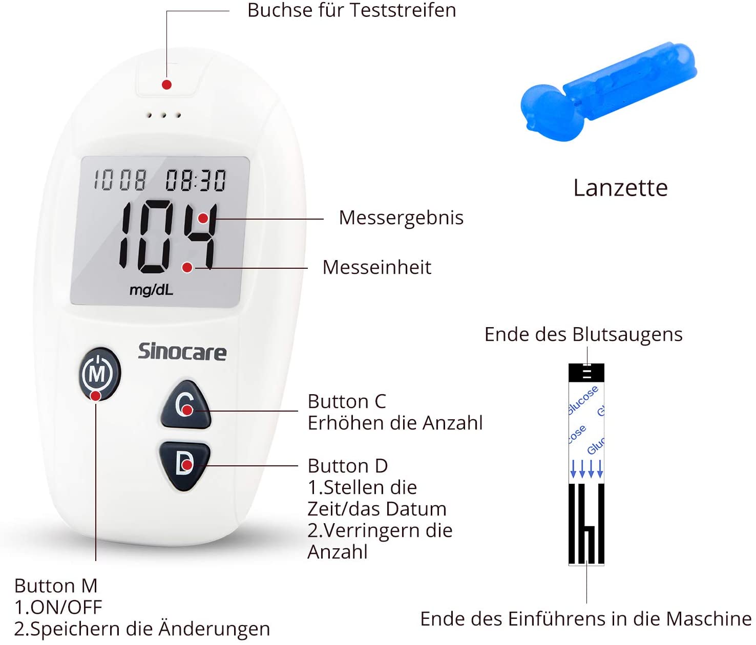 Sinocare Diabetiker Tests Blutzuckermessgerät CodeFree Teststreifen ...