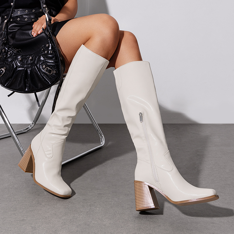 Women Chunky Heel Knee High Boots Side Zipper Square Toe