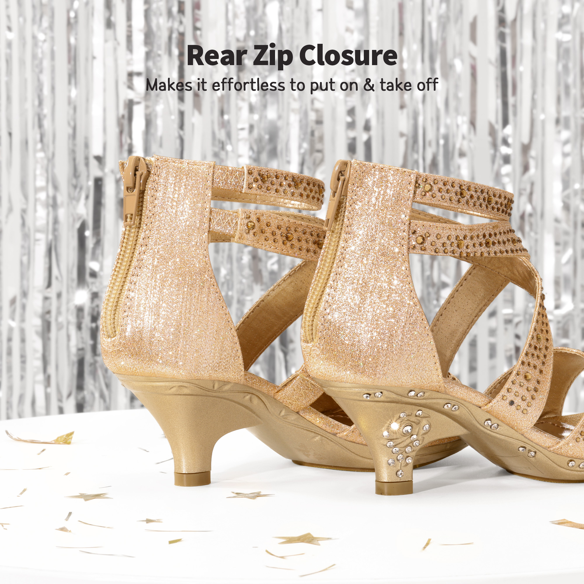 Girls 1.8inch High Heels Zipper Ankle Rhinestones Wedding Dress Pump Sandals - Picture 14 of 26