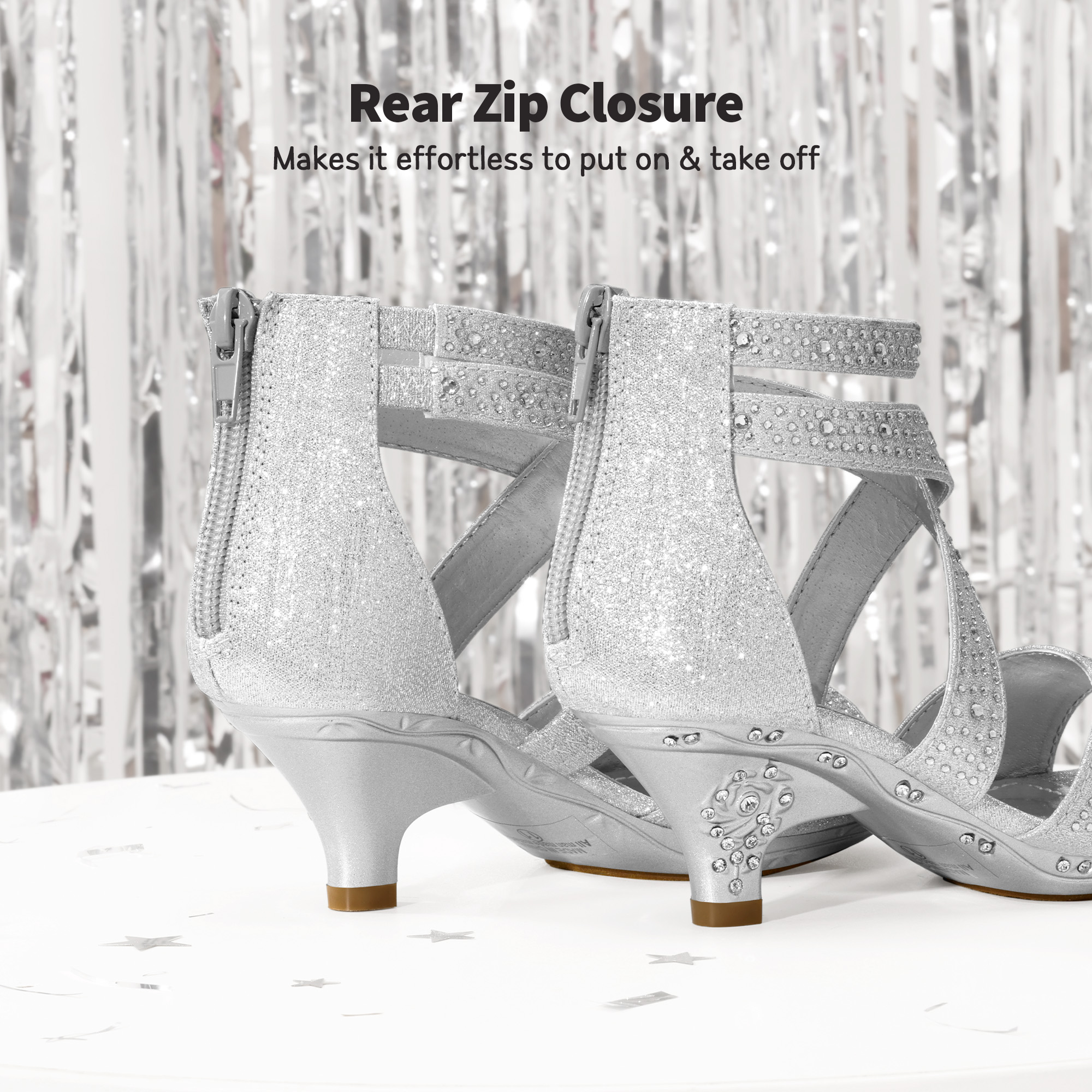 Girls 1.8inch High Heels Zipper Ankle Rhinestones Wedding Dress Pump Sandals - Picture 10 of 26