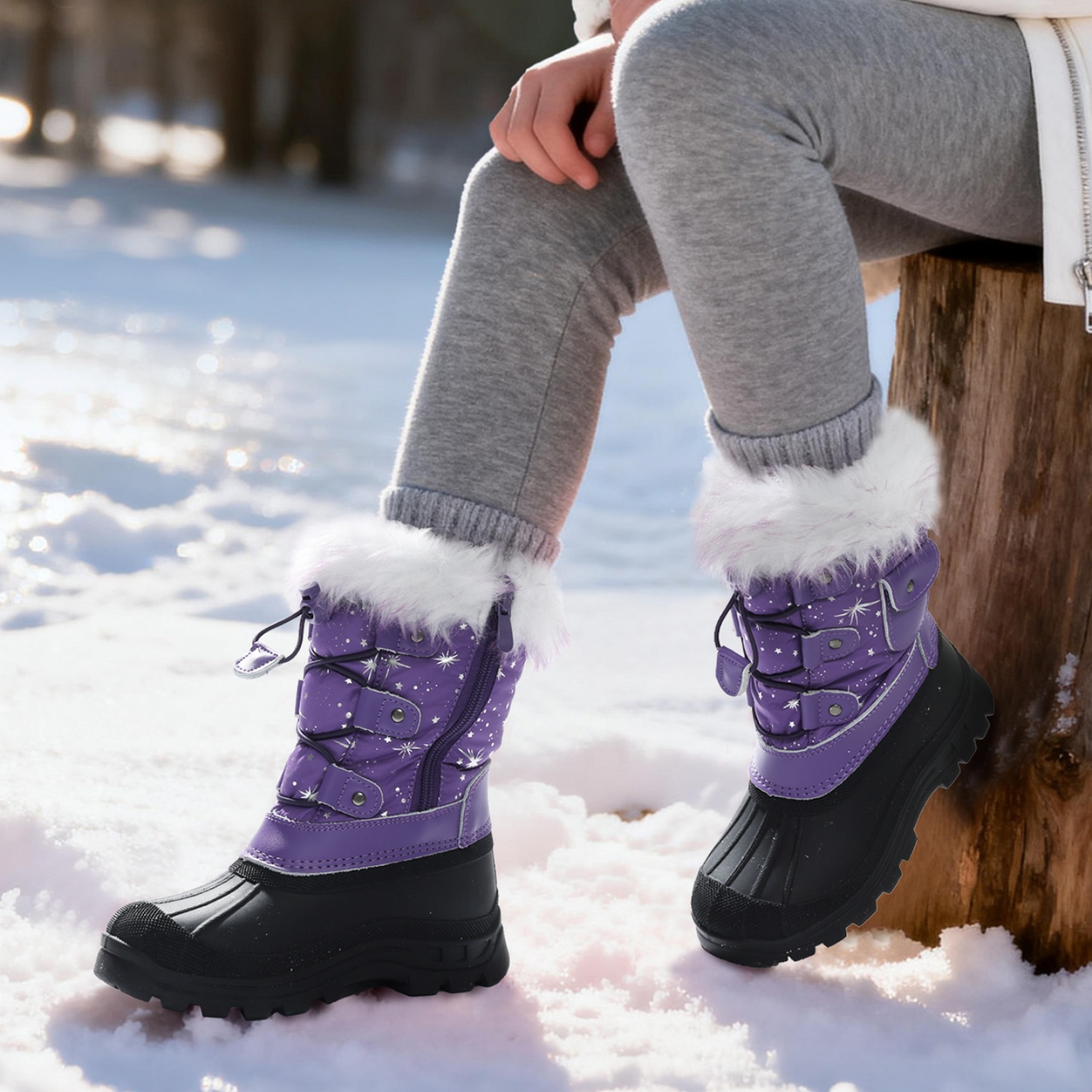 thumbnail image 2 of Bacca Girls Anti-Slip Snow Boots Pink Glitter Warm Faux Fur-Lined Winter Boots 13M 2 of 10