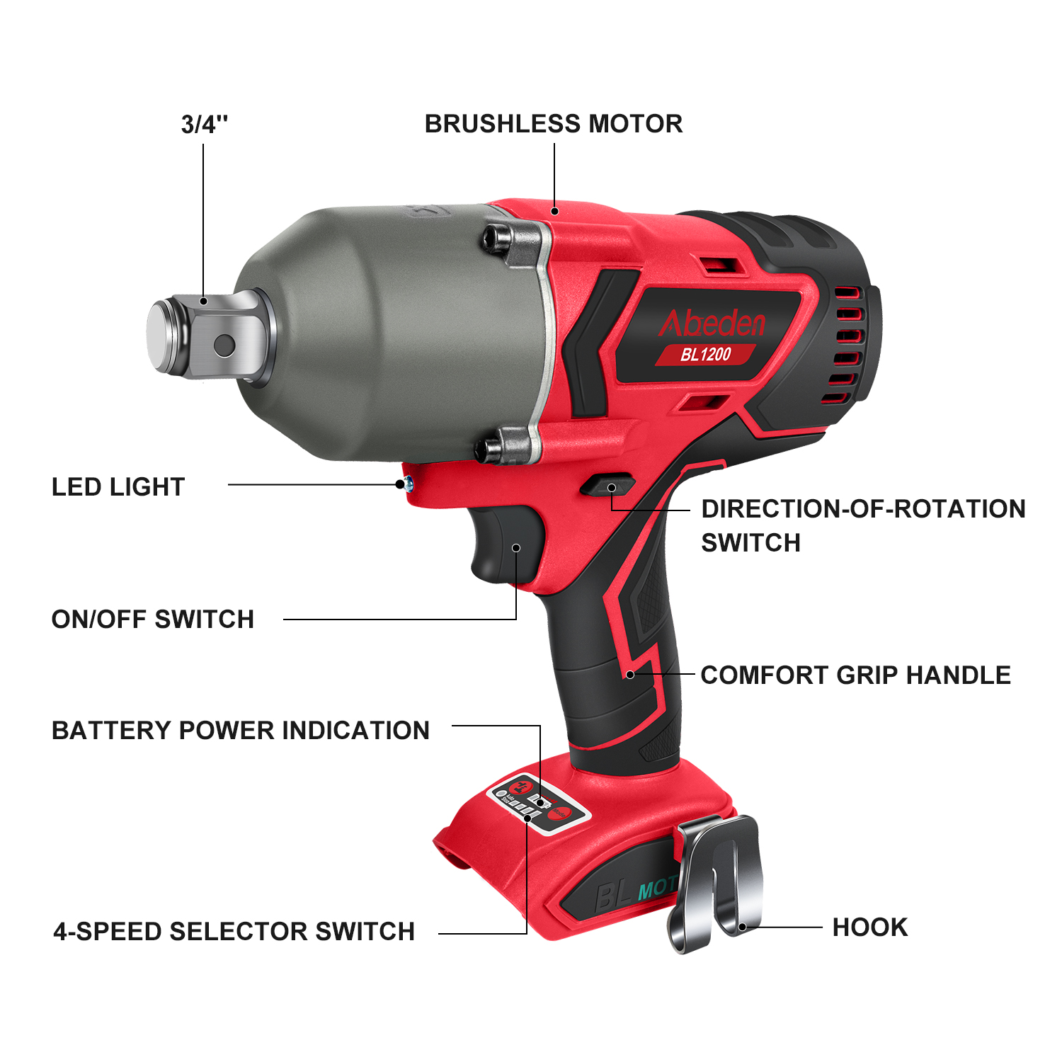 1200Nm 3/4'' Brushless Impact Wrench kit w/ 2 x 18V 6.0Ah Battery For