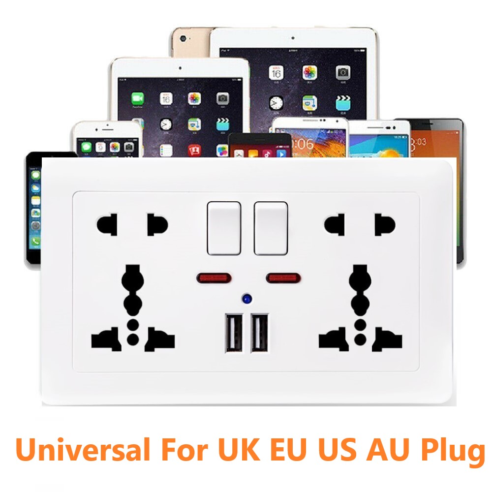 UK 13A Universal Double Wall Plug Socket 2 Gang 2 USB Charger Port