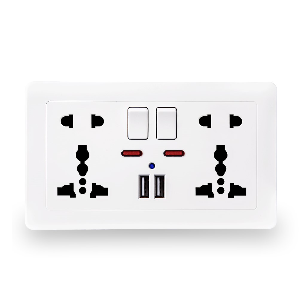 UK 13A Universal Double Wall Plug Socket 2 Gang 2 USB Charger Port
