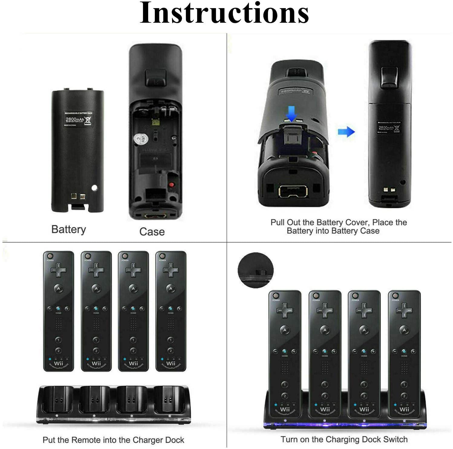 2X 2800mAh Rechargeable Battery Pack For Nintendo Wii Remote Controller Black eBay
