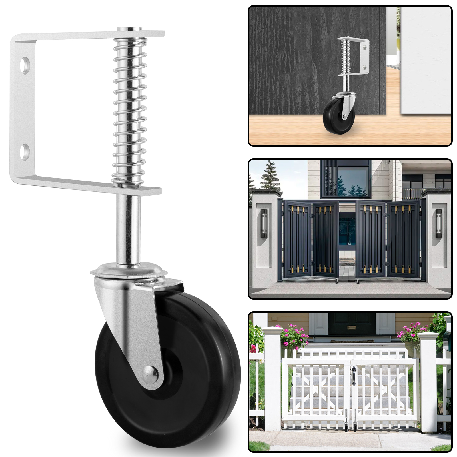 Spring Loaded Gate Caster Bracket With 4" Rubber Wheel - 125 Lbs Capacity